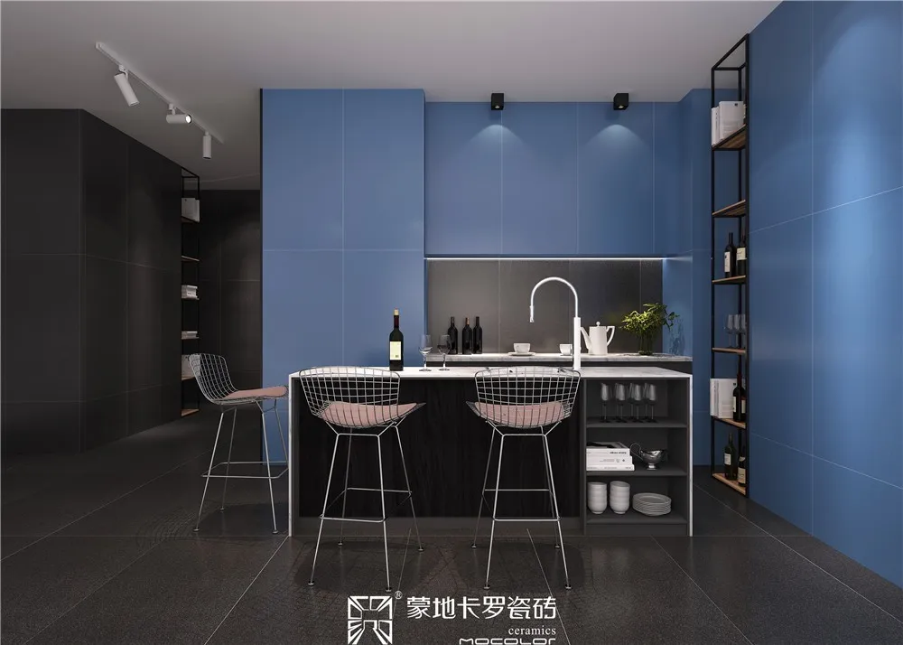  蒙地卡羅淺孔雀藍純色瓷磚餐廳效果圖
